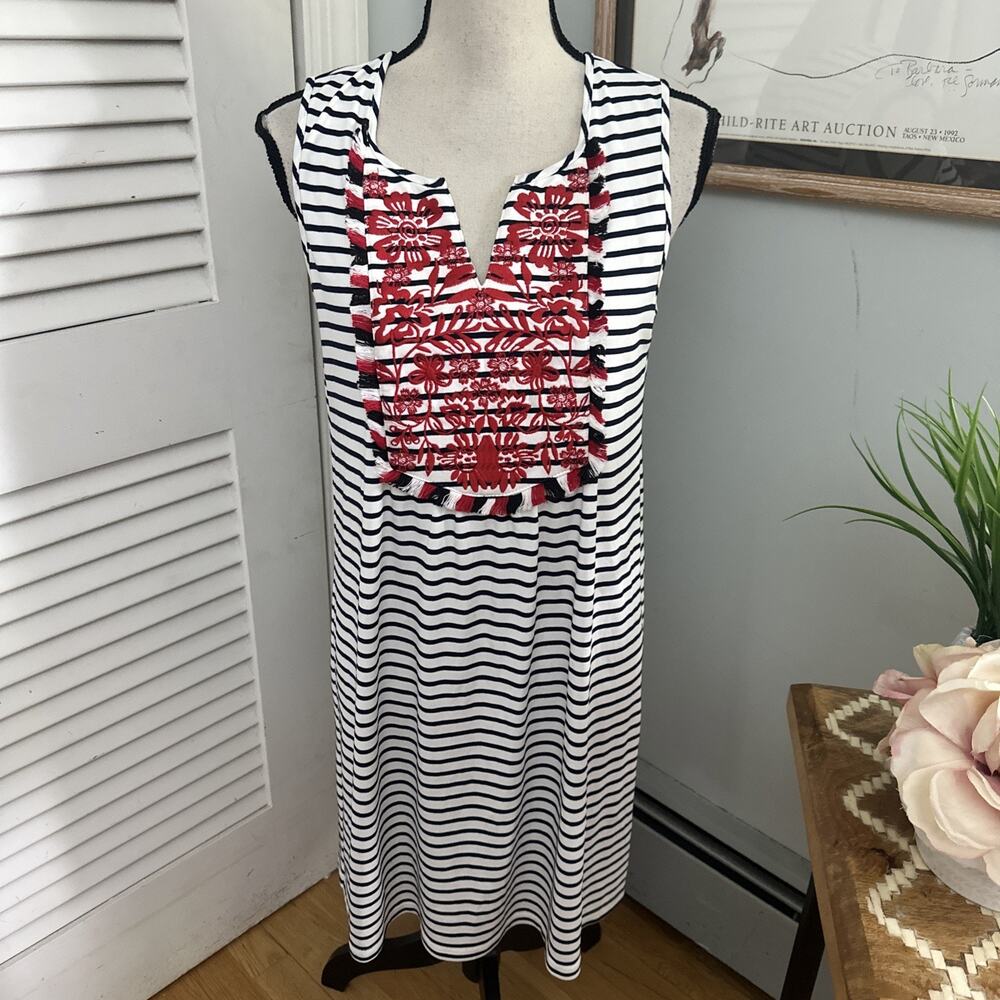 THML Dress Small Black Striped Sleeveless Shift Embroidered Fringe Nautical Boho